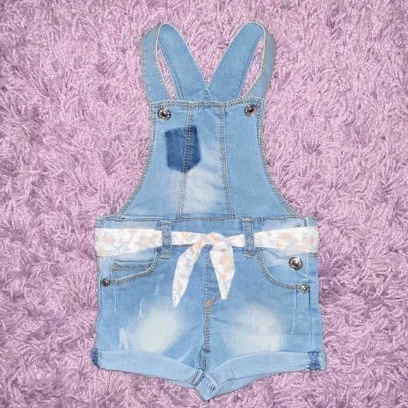 12m Seven for All Mankind Baby Girls Denim Overall Peach Stripe Shirt Outfit Set - Picture 7 of 11